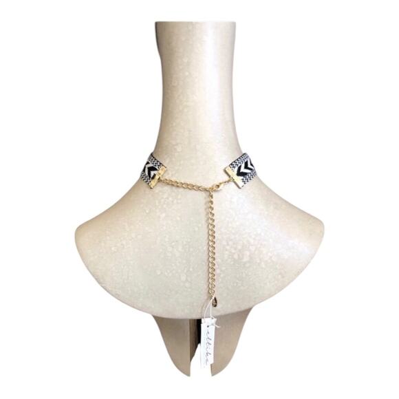 ettika NWT Boho Chic Black and White Print with Gemstones Trendy Choker Necklace - Picture 2 of 6